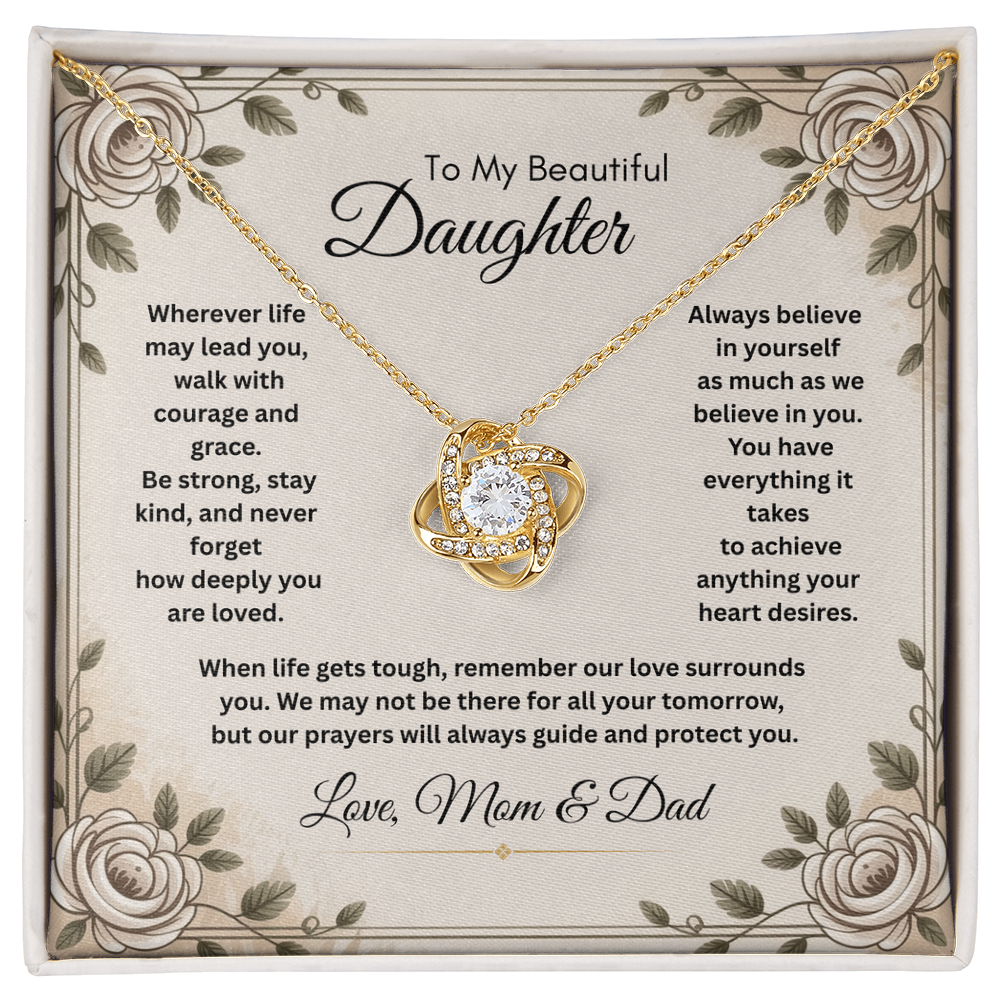 To My Beautiful Daughter Necklace from Mom and Dad – Faith & Motivational Love Knot Pendant