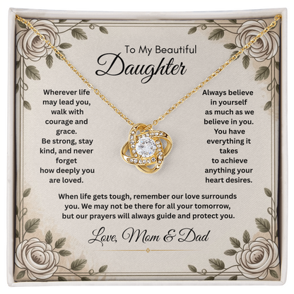 To My Beautiful Daughter Necklace from Mom and Dad – Faith & Motivational Love Knot Pendant
