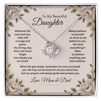 To My Beautiful Daughter Necklace from Mom and Dad – Faith & Motivational Love Knot Pendant