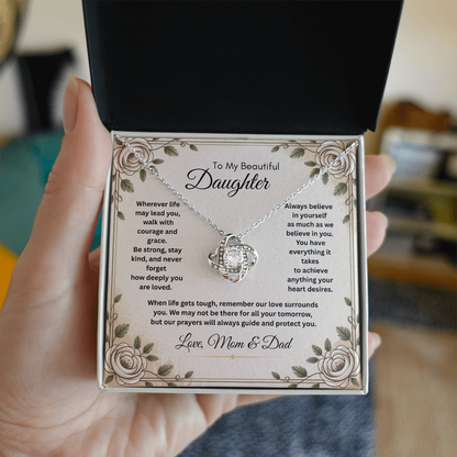 To My Beautiful Daughter Necklace from Mom and Dad – Faith & Motivational Love Knot Pendant