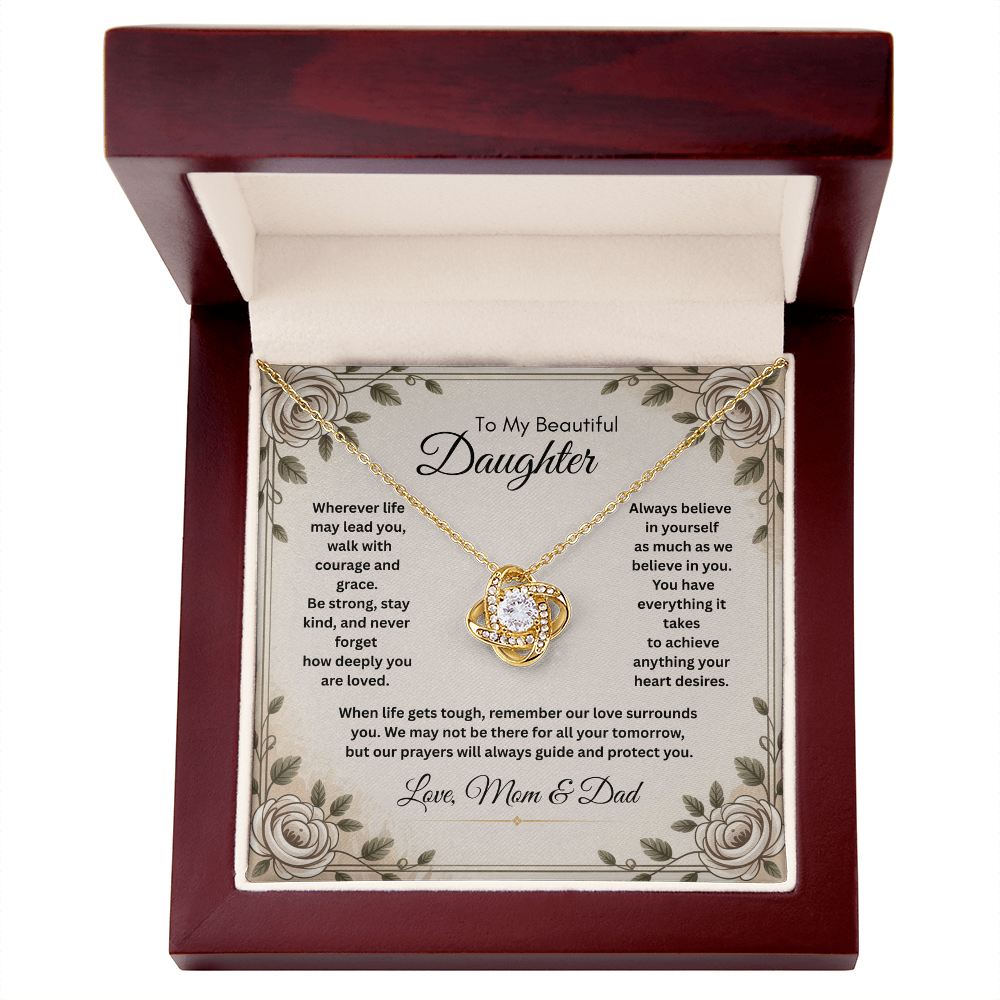 To My Beautiful Daughter Necklace from Mom and Dad – Faith & Motivational Love Knot Pendant