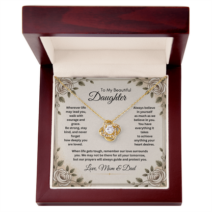 To My Beautiful Daughter Necklace from Mom and Dad – Faith & Motivational Love Knot Pendant