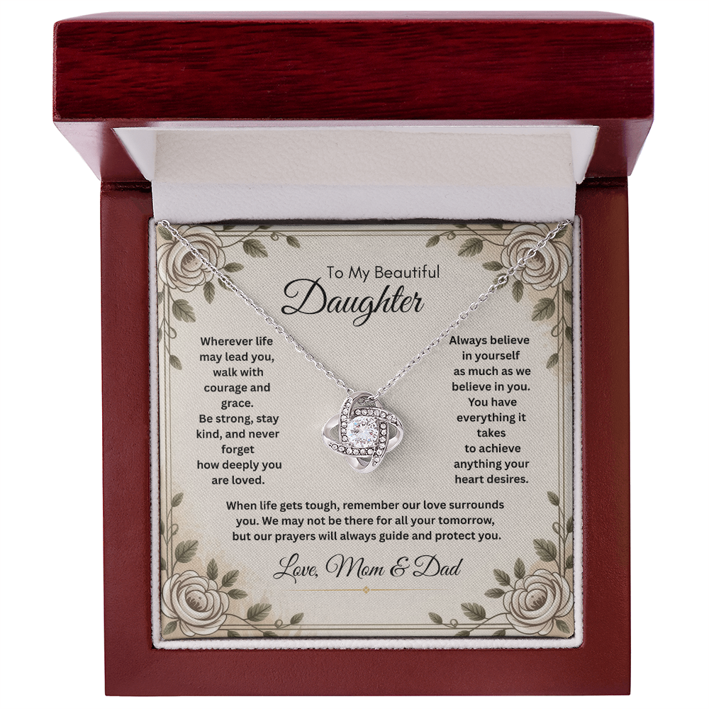 To My Beautiful Daughter Necklace from Mom and Dad – Faith & Motivational Love Knot Pendant