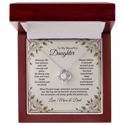 To My Beautiful Daughter Necklace from Mom and Dad – Faith & Motivational Love Knot Pendant
